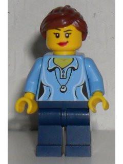 LEGO Minifigure-Medium Blue Female Shirt with Two Buttons and Shell Pendant, Dark Blue Legs, Reddish Brown Ponytail and Swept Sideways Fringe-Holiday / Easter-HOL055-Creative Brick Builders